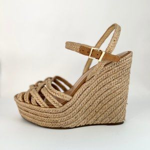 Schutz Leather Espadrille Woven Raffia Jute Strappy Platform Heels Wedge Sandals